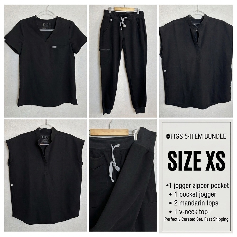 FIGS Technical Collection 5 Piece Scrub Set Black XS Mandarin V-Neck Joggers